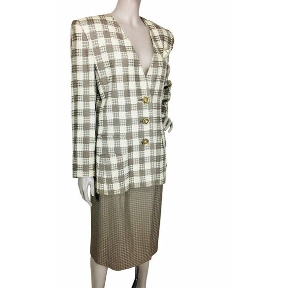 Vintage 80's High Shoulder Tweed Houndstooth Blazer & Pencil Skirt Business Suit - Picture 3 of 12